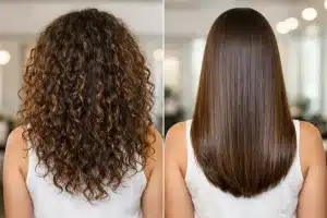 Client with smooth, frizz-free hair after organic keratin treatment