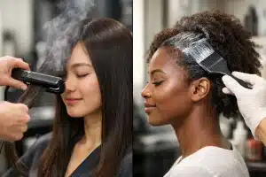 Stylist applying thermal reconditioning product to client's hair